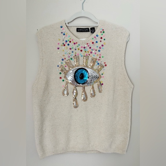 Vintage Upcycled Embroidered Boho Sequined Evil Eye Sweater Vest Tank Top NWOT - Picture 3 of 8